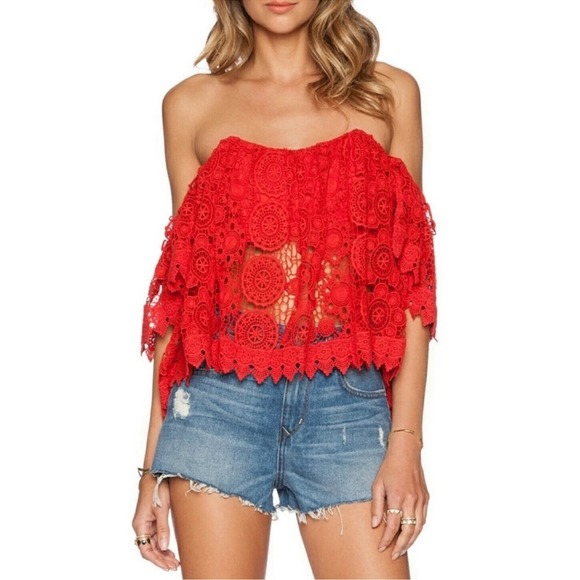 Tularosa Tops - NWT Tularosa Amelia Red Lace Crochet Cropped Off The Shoulder Blouse Top M